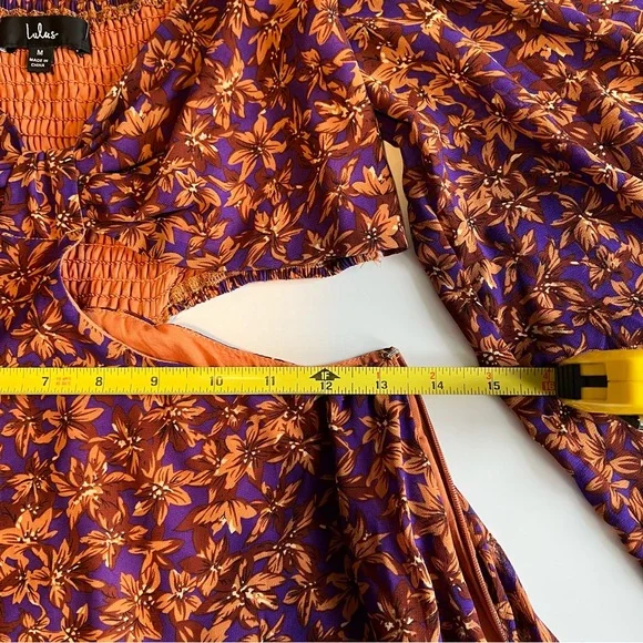 Lulus Dress Size Medium Purple Orange Floral Cutout Tie Front Balloon Sleeve - Picture 11 of 13